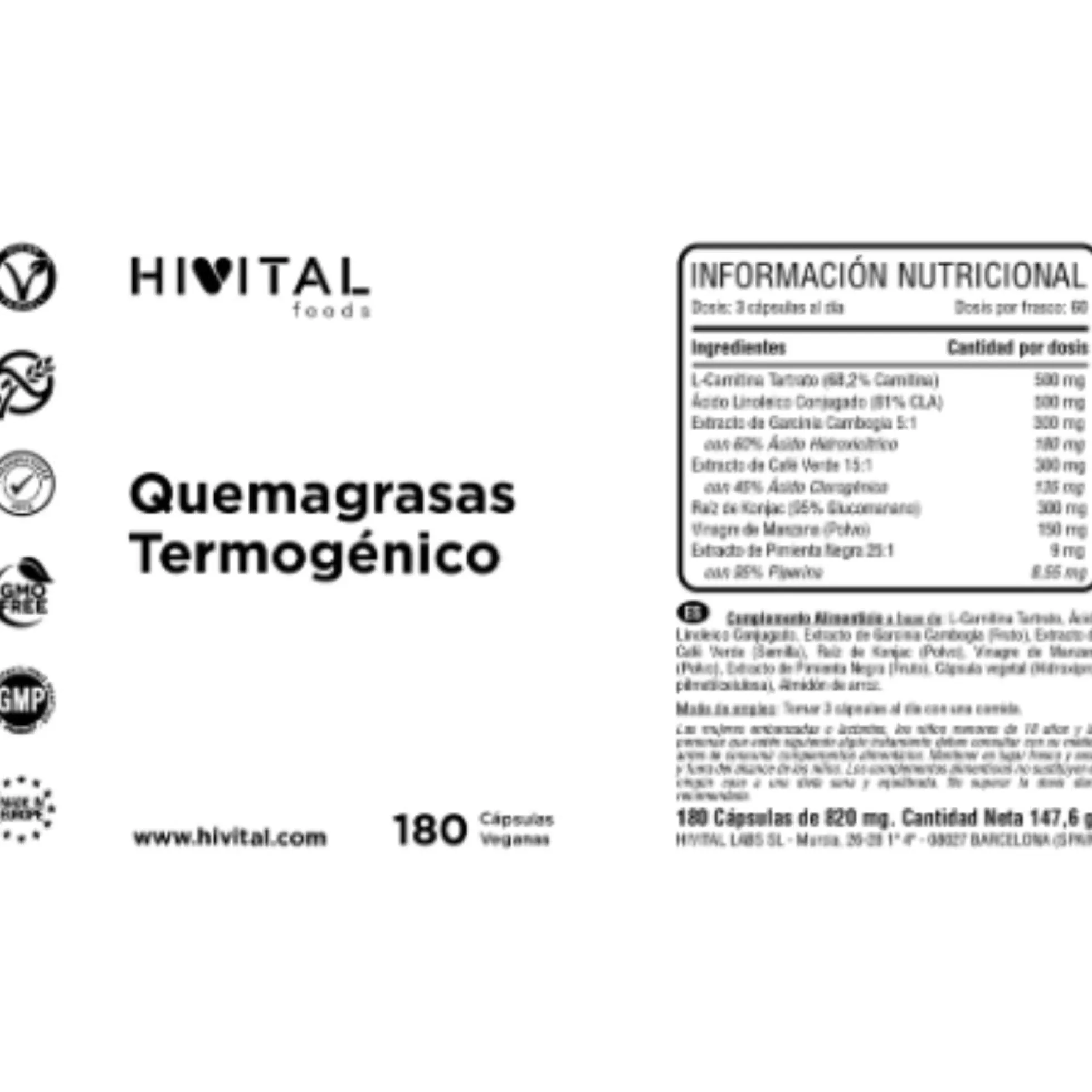 Termogénico fat burner quema grasas 180 cápsulas veganas Hivital