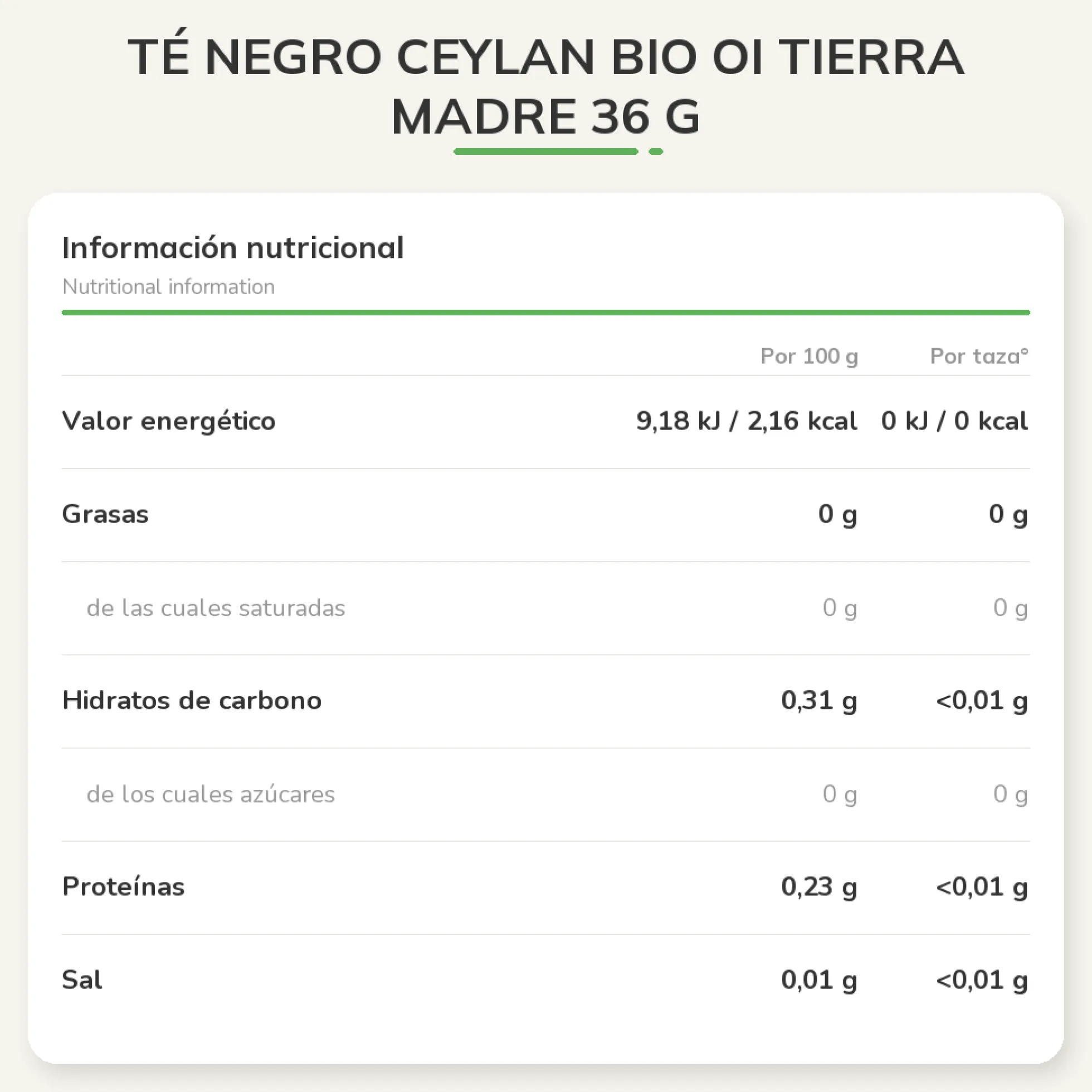 Té Negro Ceylan Bio OiTierra Madre 36 g