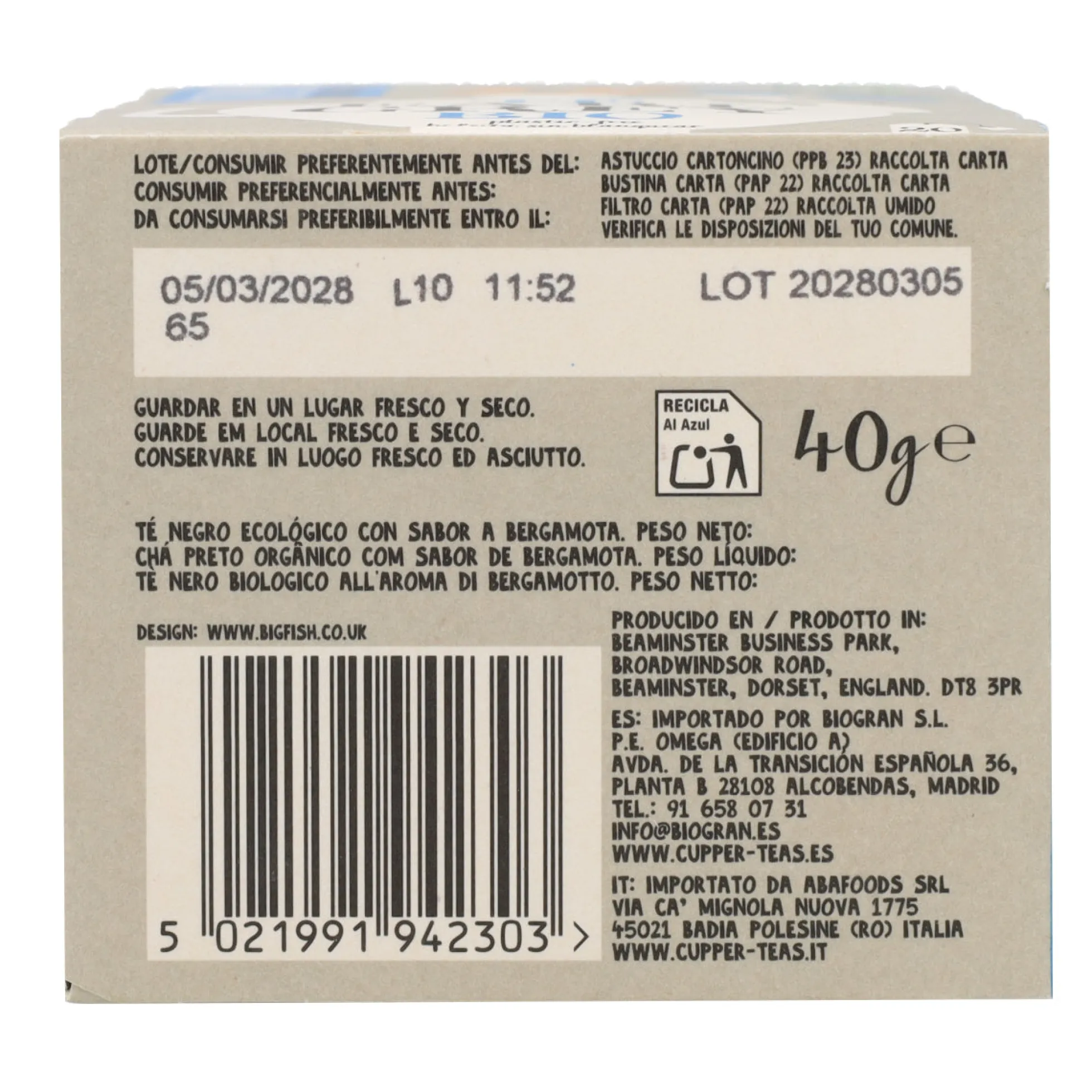 Té Negro Earl Grey Bio Cupper 20 bolsitas