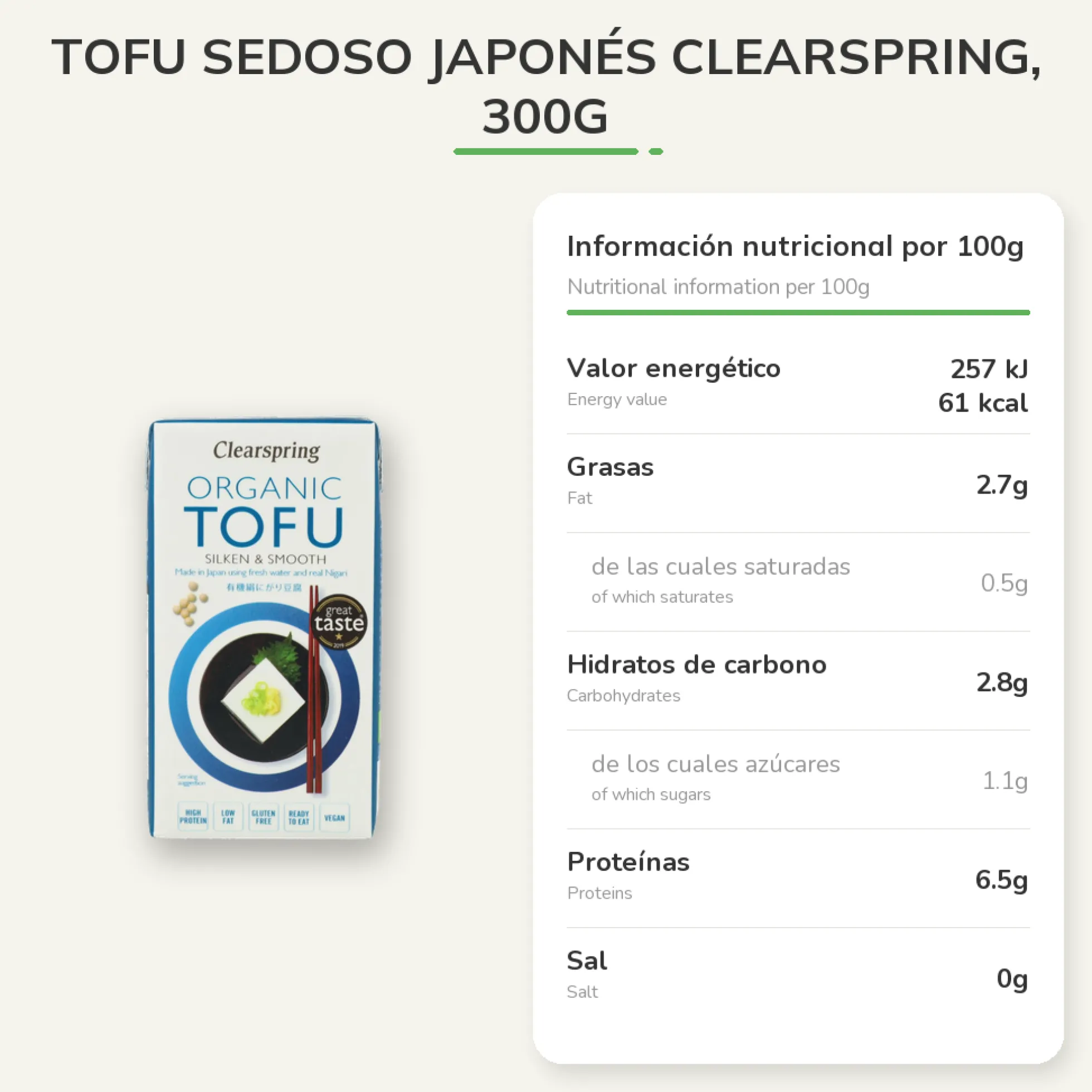 Tofu sedoso japonés Clearspring, 300g