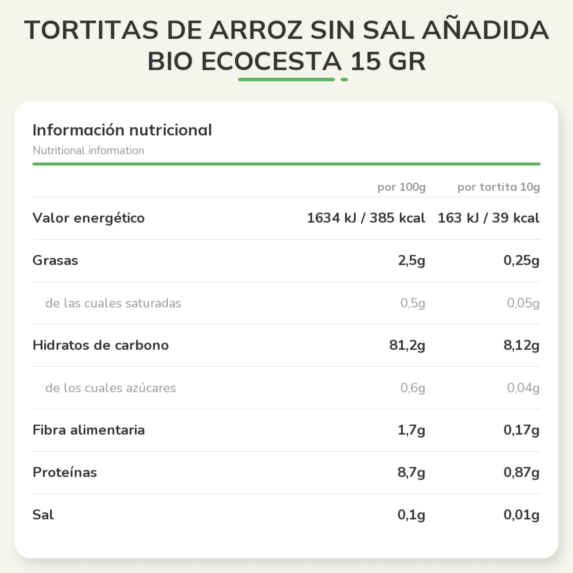 Tortitas de Arroz sin sal añadida Bio Ecocesta 15 gr