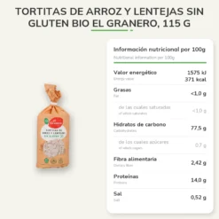 Tortitas de Arroz y Lentejas Sin Gluten Bio El Granero, 115 g