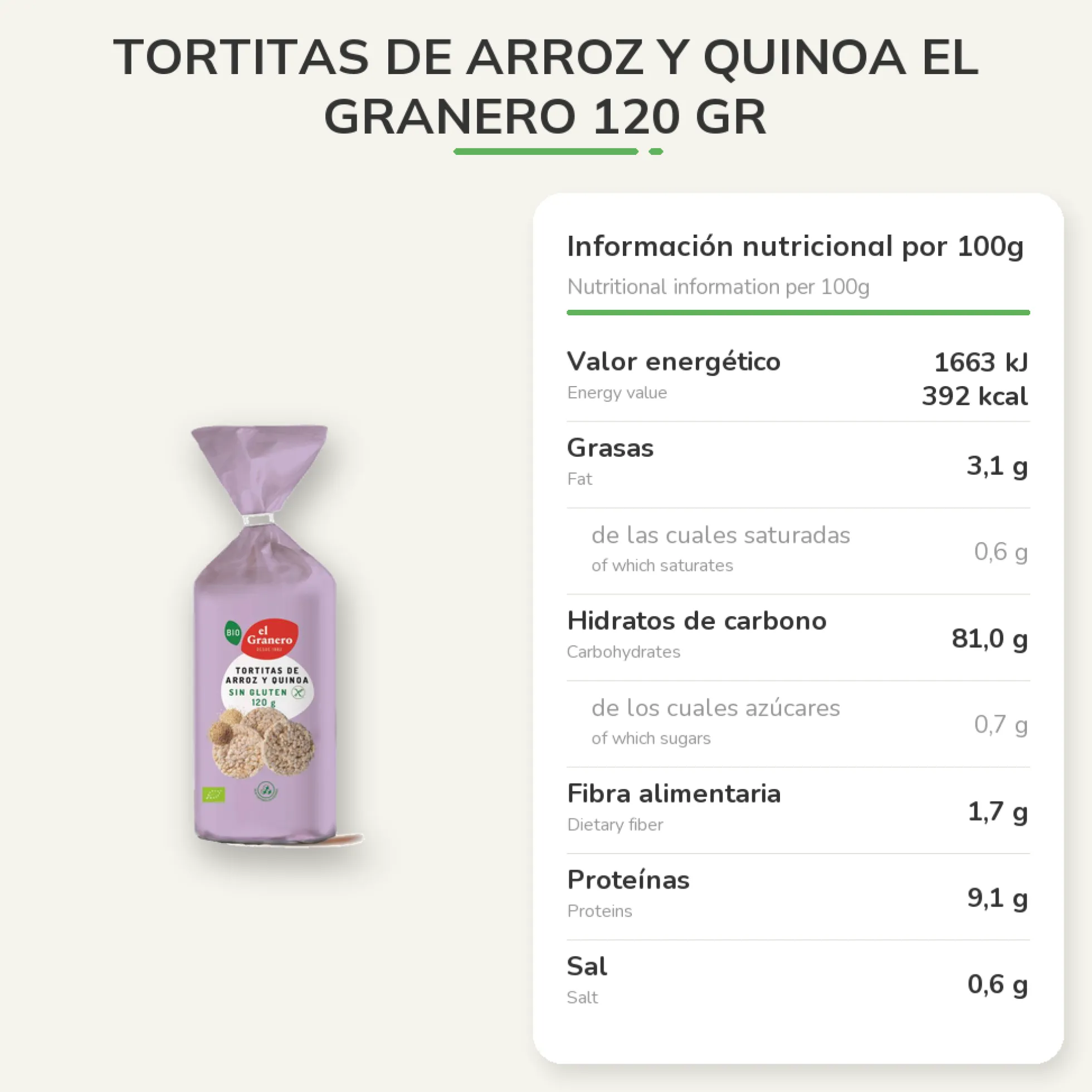 Tortitas de Arroz y Quinoa El Granero 120 gr