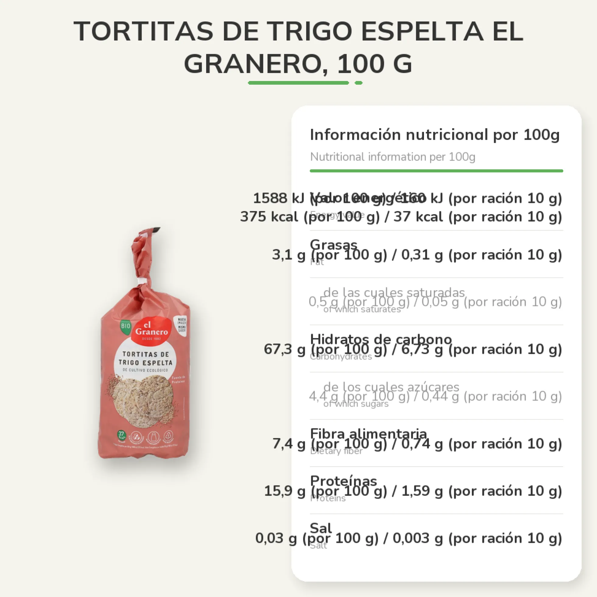 Tortitas de Trigo Espelta El Granero, 100 g