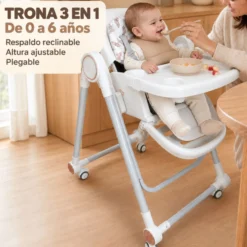 Trona Blanca Evolutiva 3 En 1, Plegable Y Portátil, Reposapiés, Respaldo Y Bandeja Bathby