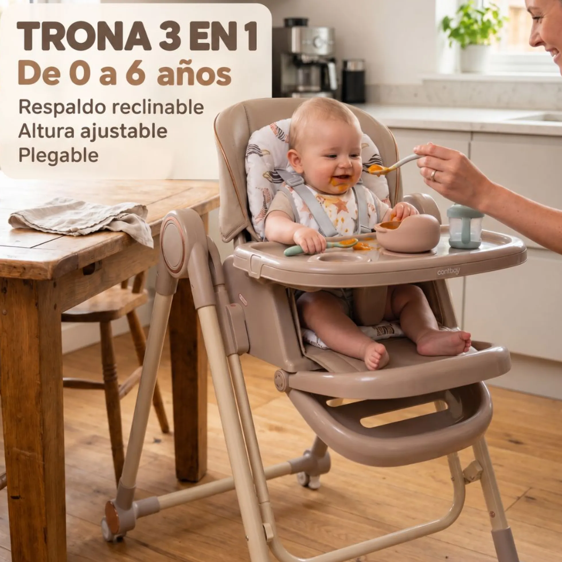 Trona Khaki Evolutiva 3 En 1, Plegable Y Portátil Con Altura, Reposapiés, Respaldo Y Bandeja Bathby