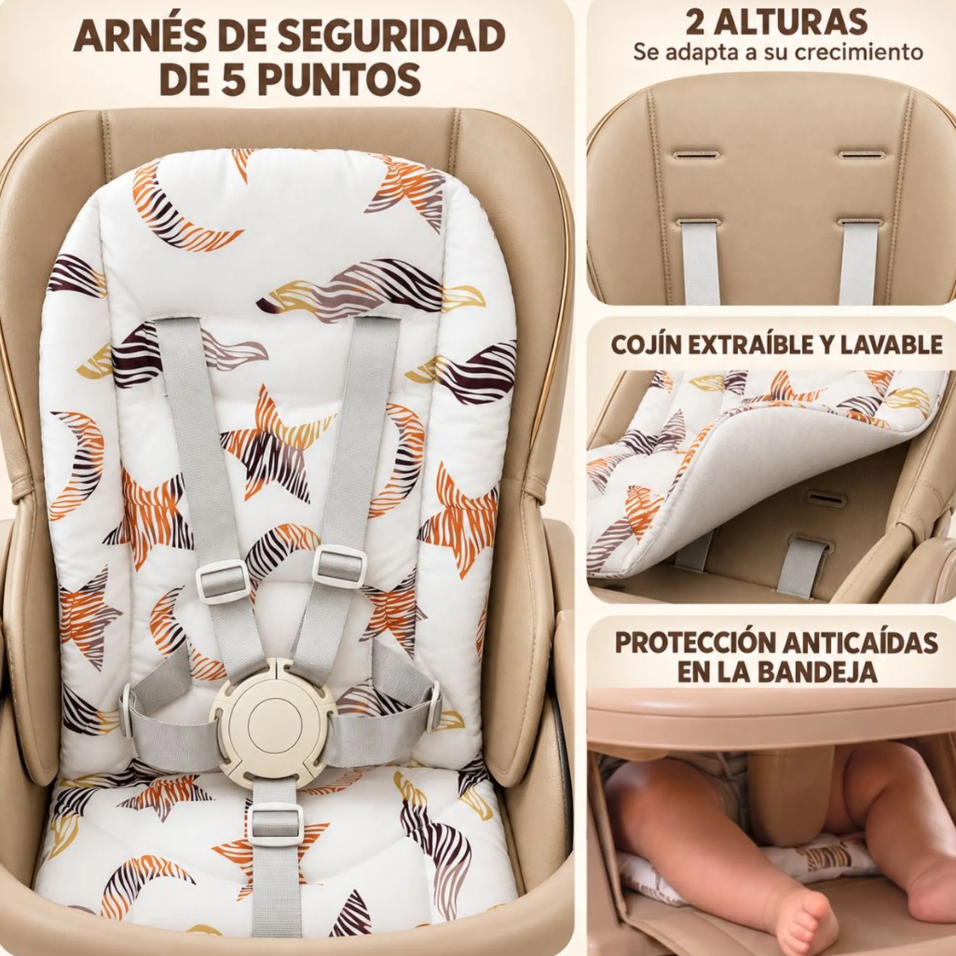 Trona Khaki Evolutiva 3 En 1, Plegable Y Portátil Con Altura, Reposapiés, Respaldo Y Bandeja Bathby