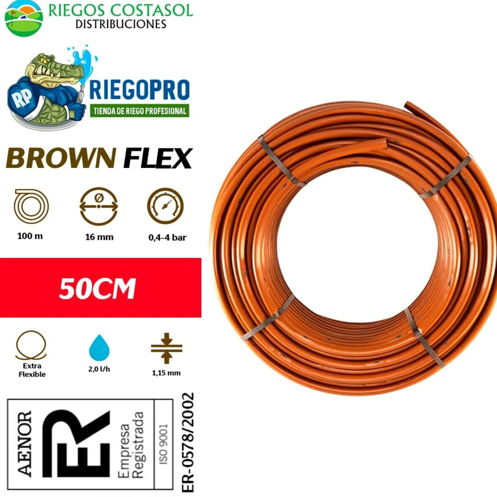Tubería Autocompensante Marrón A 50cm 100 Metros. Brownflex.