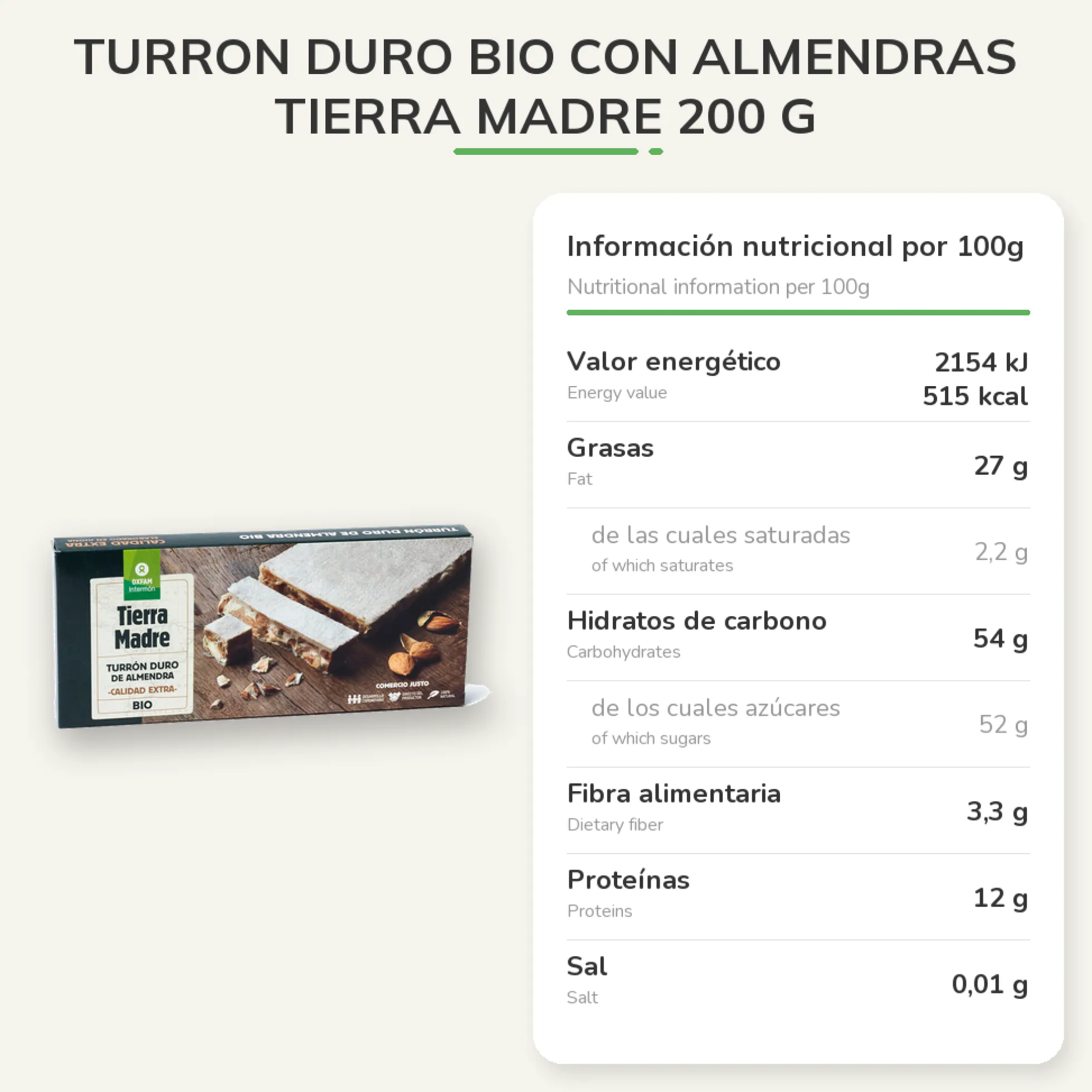 Turron Duro Bio Con Almendras Tierra Madre 200 g