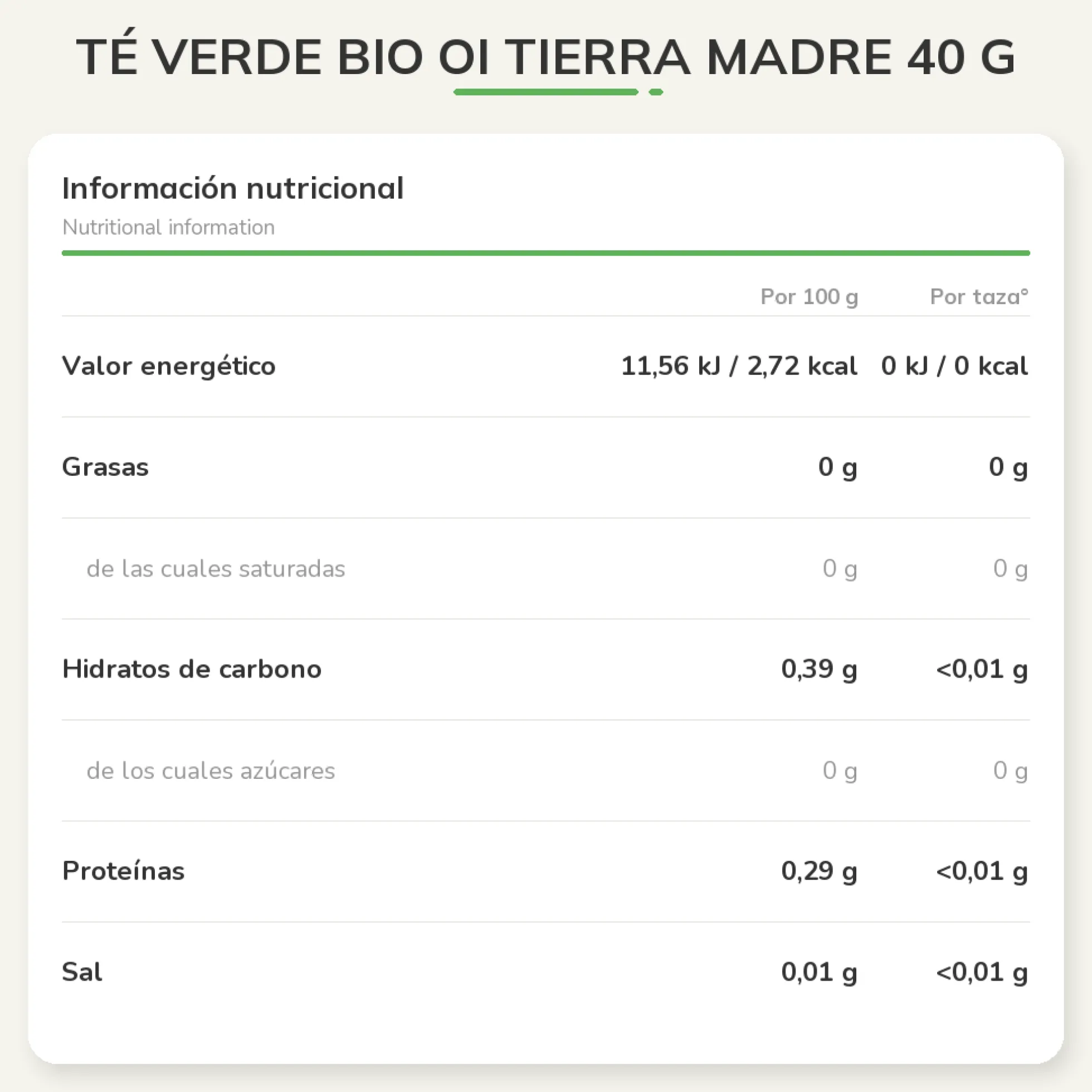 Té Verde Bio Oi Tierra Madre 40 g
