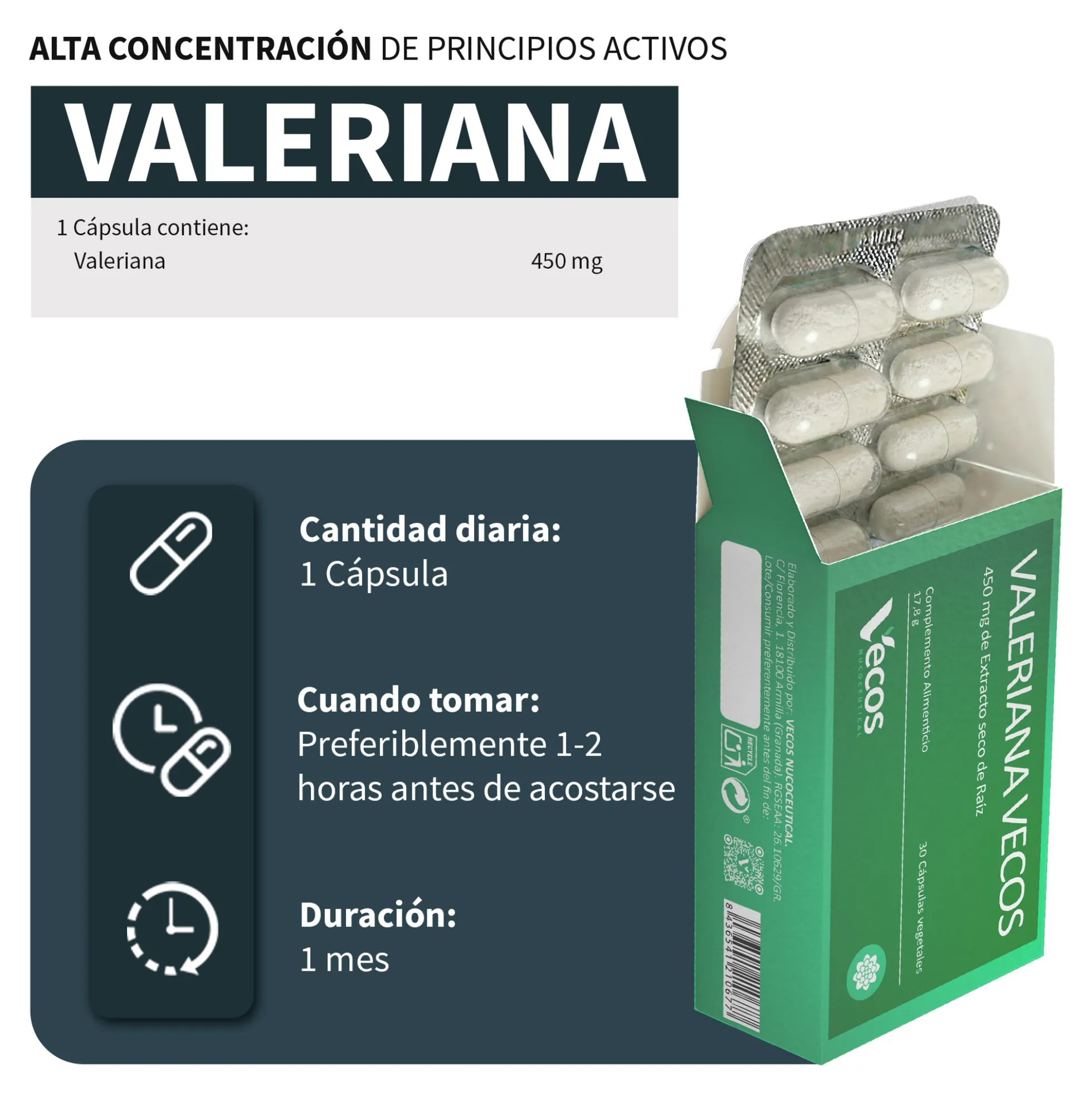 Valeriana 450mg Vecos 30 Cápsulas | Conciliar Un Sueño Reparador Y Pronto