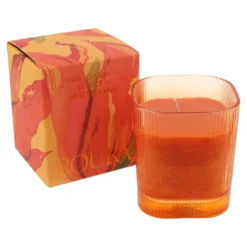 Vela perfumada Oriental Oud en vaso rayado naranja 9x8 cm Roura