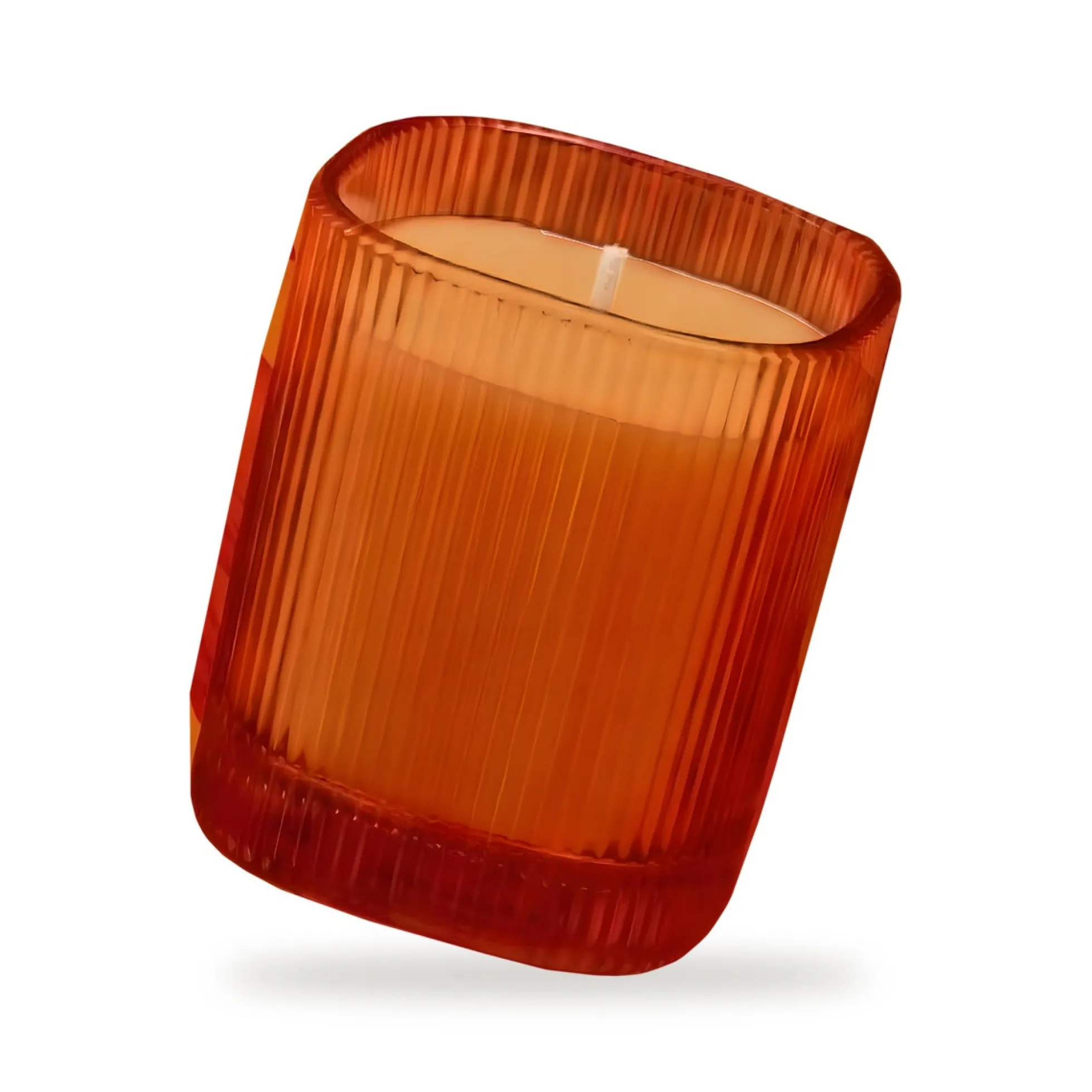 Vela perfumada Oriental Oud en vaso rayado naranja 9x8 cm Roura