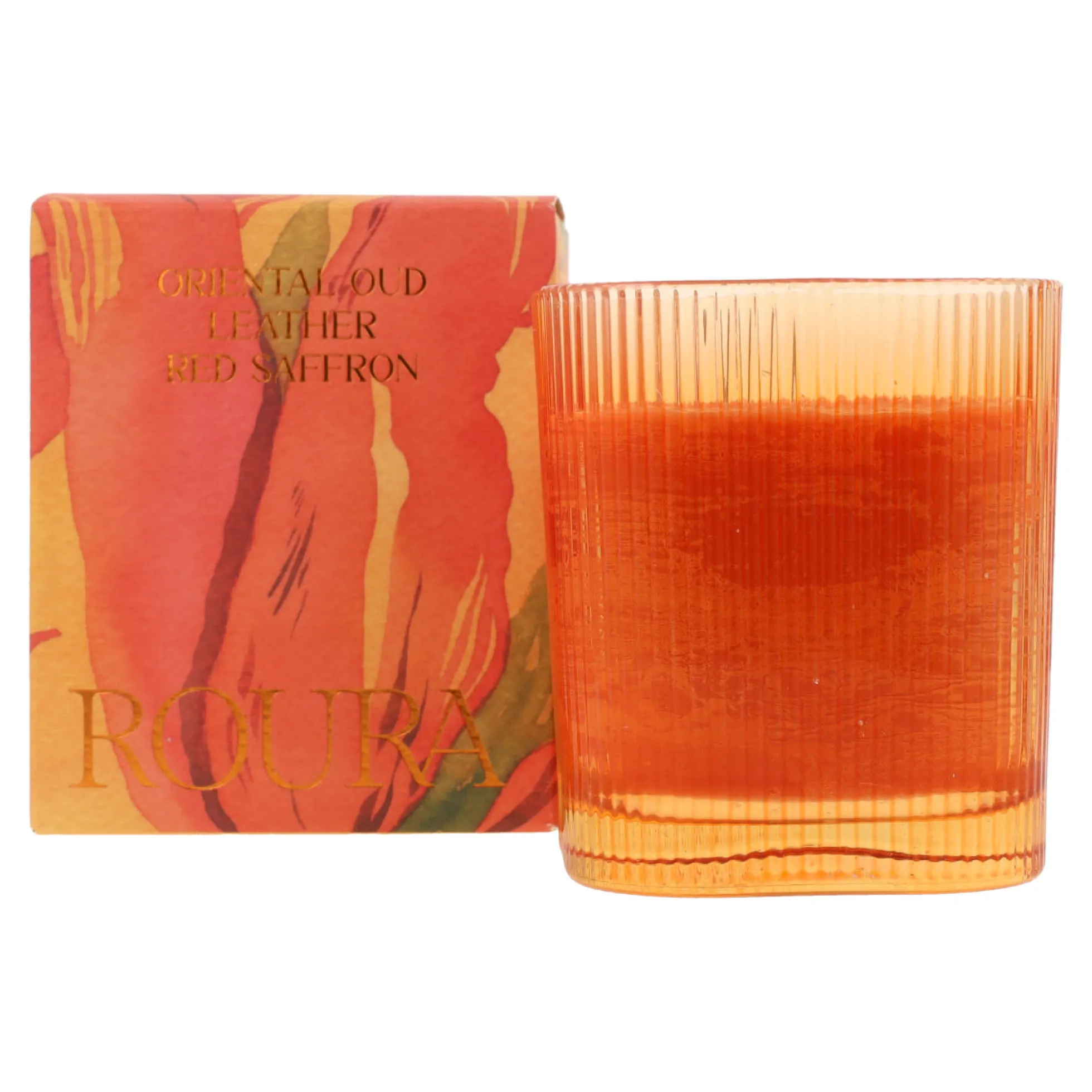 Vela perfumada Oriental Oud en vaso rayado naranja 9x8 cm Roura