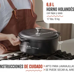 Victoria Horno Holandés Olla Inducción Hierro Fundido Esmaltado 29cm, Cocotte 6,6l, Sin Ptfe Ni Pfoa, 39493, Negro