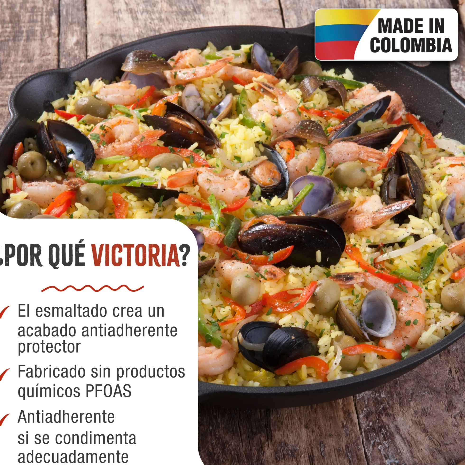 Victoria Paellera Hierro Fundido Esmaltado Inducción 33cm, Apta Fuego, Barbacoa, Horno Cast Iron Skillet, 31947, Negro