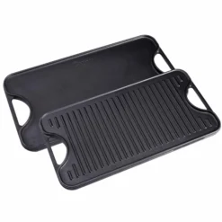 Victoria Plancha Cocina Hierro Fundido Esmaltado Parrilla Reversible 47x25cm, Fuego Barbacoa Sin Ptfe, 31770, Negro