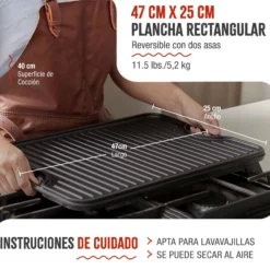 Victoria Plancha Cocina Hierro Fundido Esmaltado Parrilla Reversible 47x25cm, Fuego Barbacoa Sin Ptfe, 31770, Negro