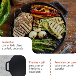 Victoria Plancha Cocina Hierro Fundido Esmaltado Parrilla Reversible 32cm, Fuego Barbacoa Sin Ptfe, 38007, Negro