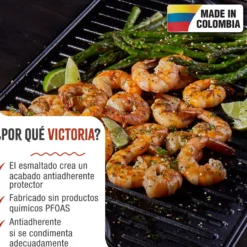 Victoria Plancha Cocina Hierro Fundido Esmaltado Parrilla Reversible 50x35cm, Fuego Barbacoa Sin Ptfe, 34184, Negro