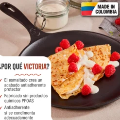 Victoria Plancha Cocina Inducción Comal Hierro Fundido Esmaltado, Pizza Tortillas 26,6cm Fuego, Barbacoa, 34504, Negro