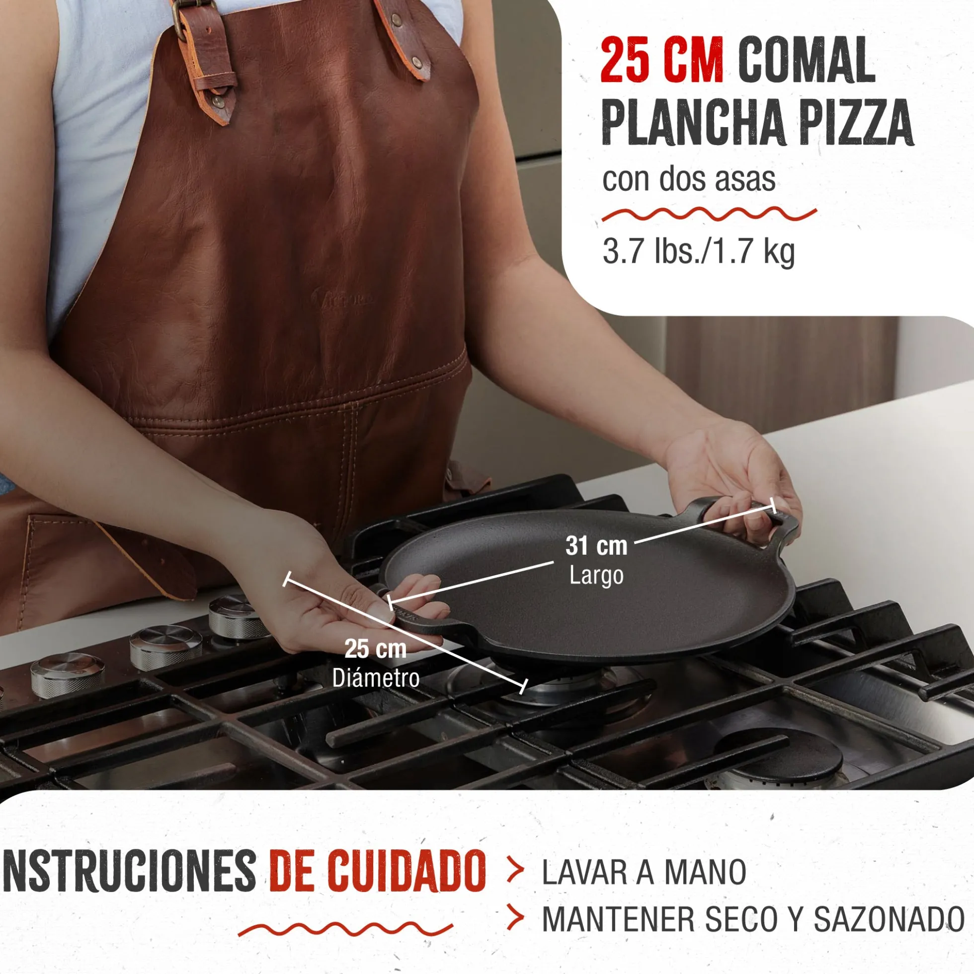 Victoria Plancha Cocina Para Pizza Hierro Fundido Curado Inducción, Sartén 25cm, Fuego, Barbacoa, Horno, 31800, Negro