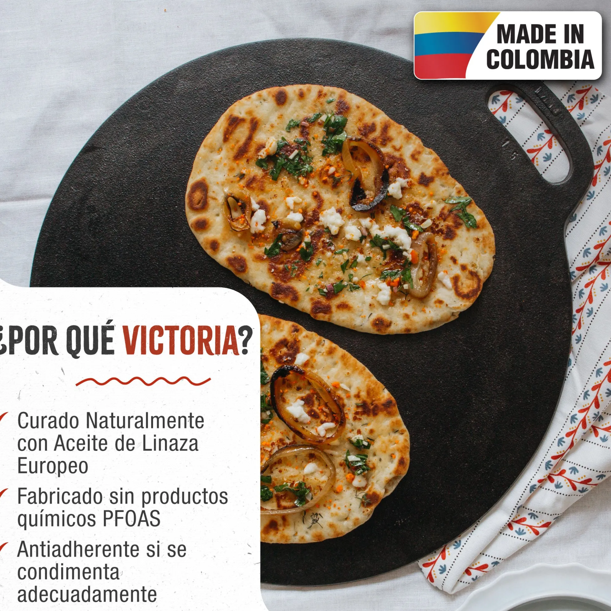 Victoria Plancha Inducción Hierro Fundido Curado, Budare 38cm Pizza, Crepes Para Fuego, Barbacoa, Horno, 34573, Negro