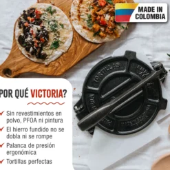 Victoria Prensa Tortillera Para Tortillas Mexicanas Hierro Fundido Curado 16,5cm, Pataconera Colombiana, 30551, Negro