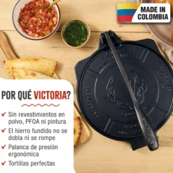 Victoria Prensa Tortillera Para Tortillas Mexicanas Hierro Fundido Hd Curado 20cm, Pataconera Colombiana, 34214, Negro