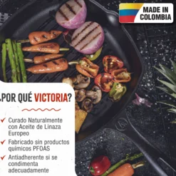 Victoria Sartén Grill Hierro Fundido Curado Inducción 25x25cm, Apta Fuego, Barbacoa, Cast Iron Skillet, 38571, Negro