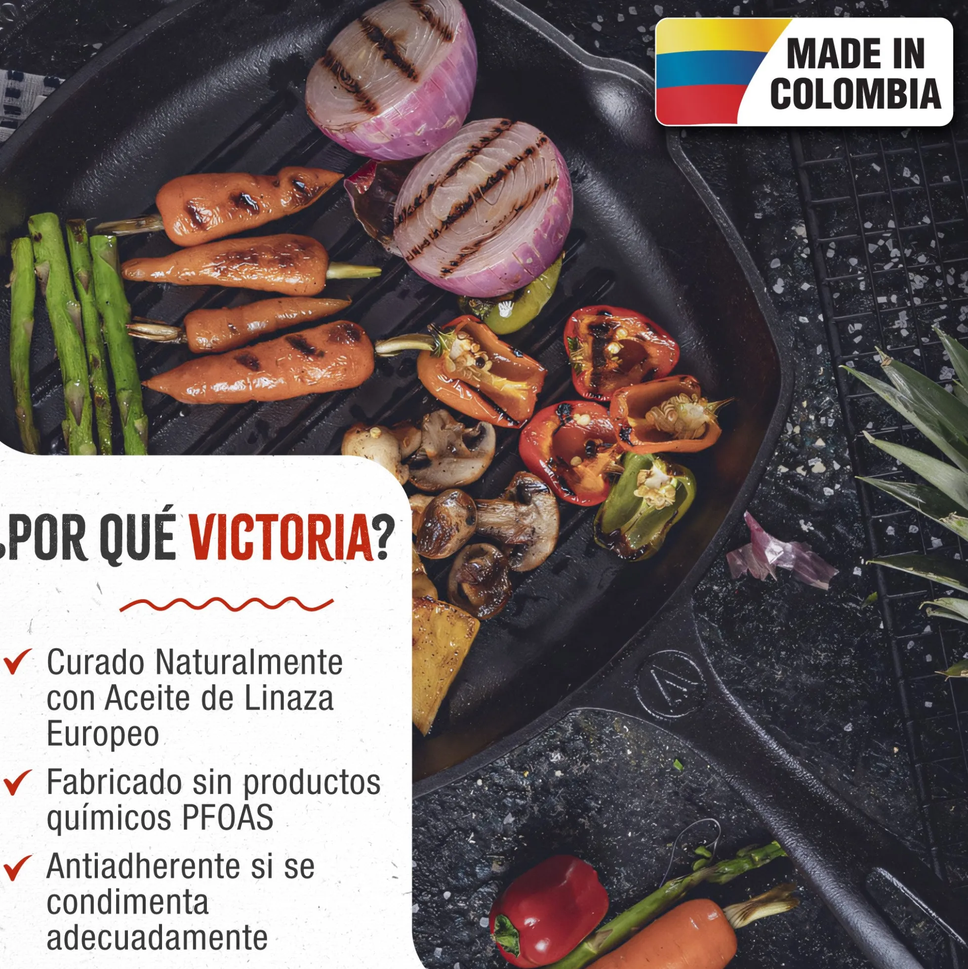 Victoria Sartén Grill Hierro Fundido Curado Inducción 25x25cm, Apta Fuego, Barbacoa, Cast Iron Skillet, 38571, Negro