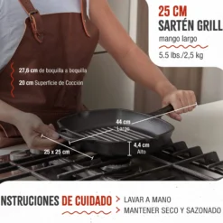 Victoria Sartén Grill Hierro Fundido Curado Inducción 25x25cm, Apta Fuego, Barbacoa, Cast Iron Skillet, 38571, Negro