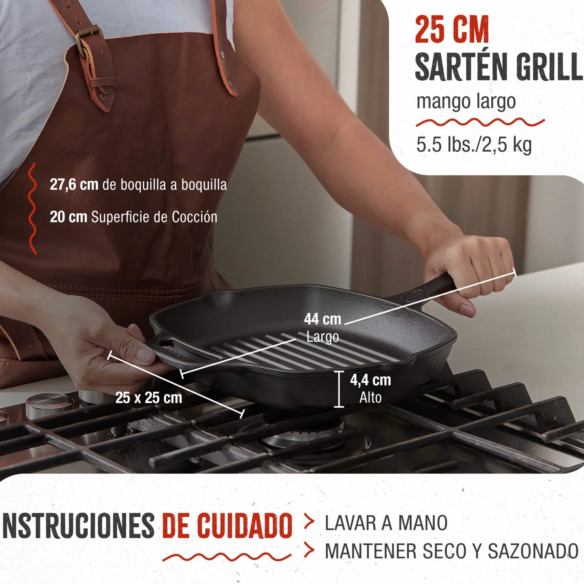 Victoria Sartén Grill Hierro Fundido Curado Inducción 25x25cm, Apta Fuego, Barbacoa, Cast Iron Skillet, 38571, Negro