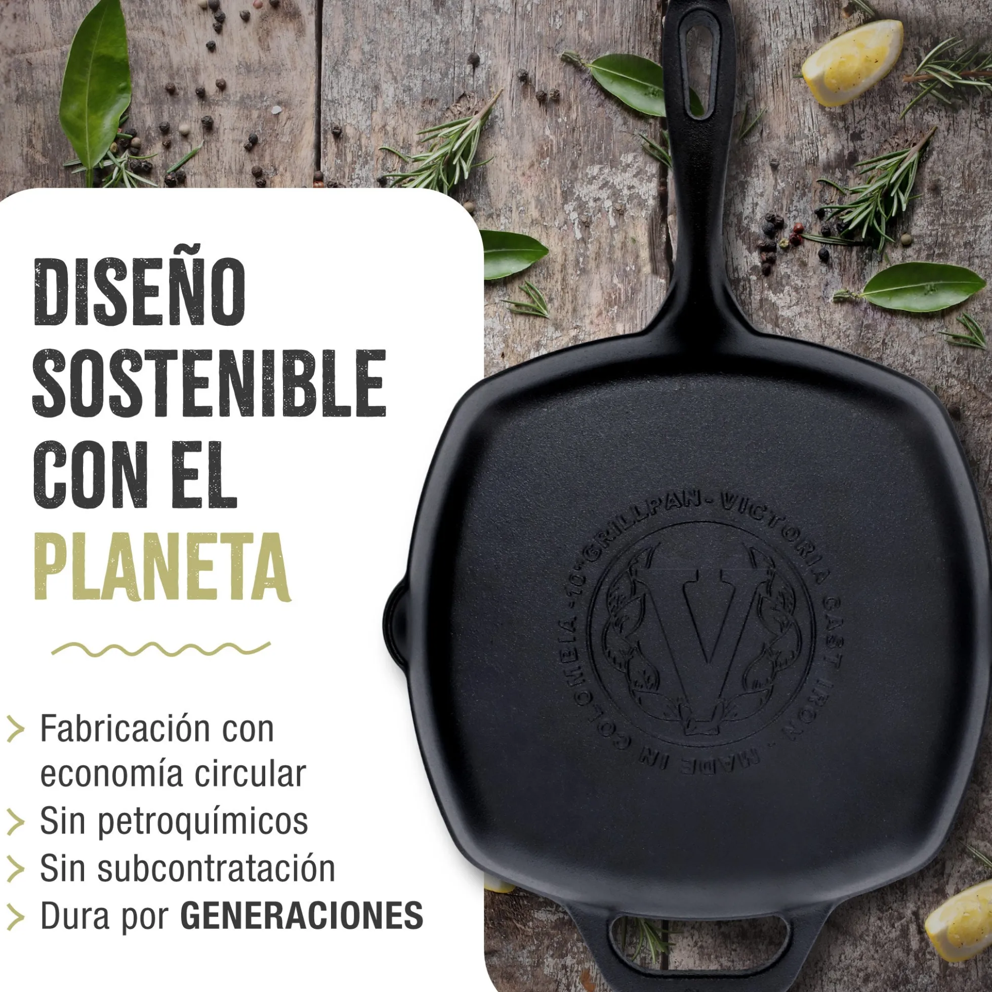 Victoria Sartén Grill Hierro Fundido Curado Inducción 25x25cm, Apta Fuego, Barbacoa, Cast Iron Skillet, 38571, Negro
