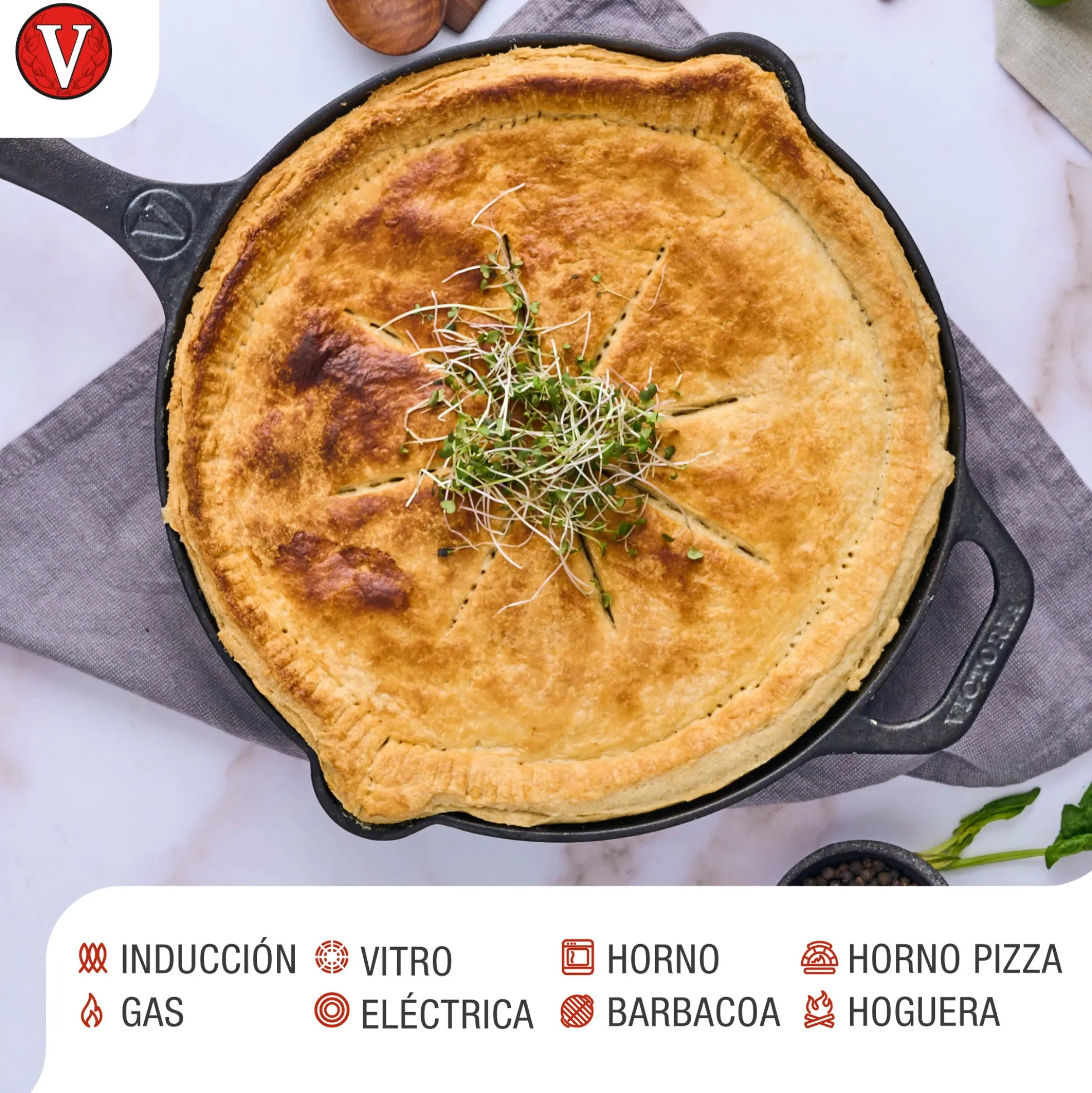 Victoria Sartén Hierro Fundido Esmaltado Inducción 30cm, Apta Fuego, Barbacoa, Horno Cast Iron Skillet, 33644, Negro