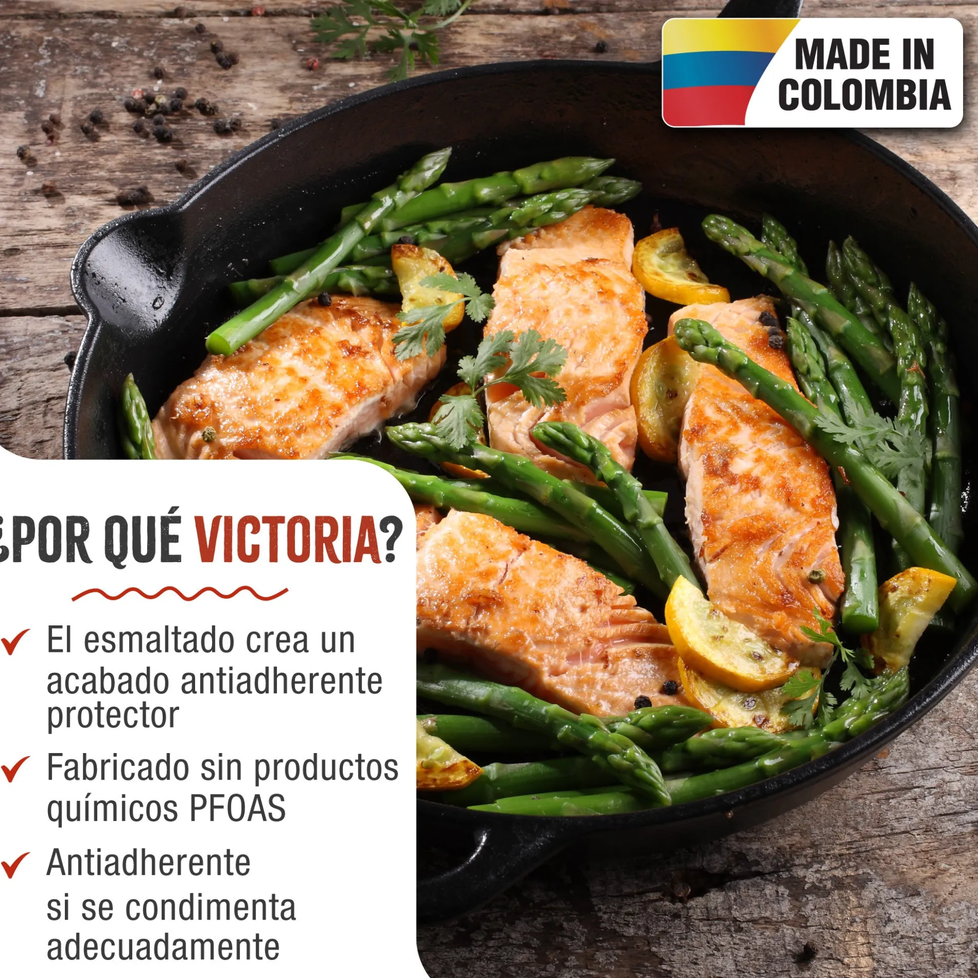 Victoria Sartén Hierro Fundido Esmaltado Inducción 30cm, Apta Fuego, Barbacoa, Horno Cast Iron Skillet, 33644, Negro