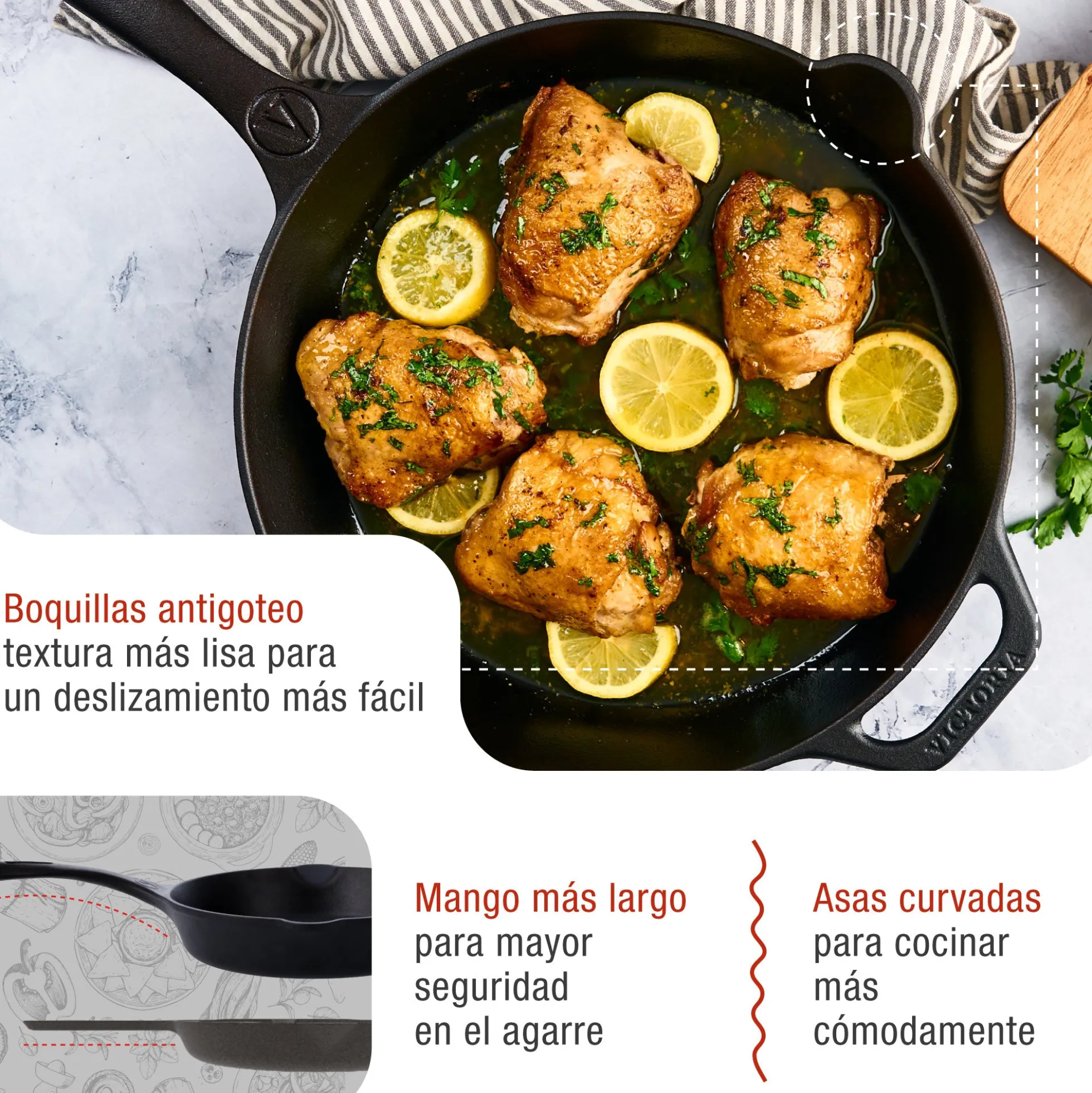 Victoria Sartén Hierro Fundido Esmaltado Inducción 30cm, Apta Fuego, Barbacoa, Horno Cast Iron Skillet, 33644, Negro