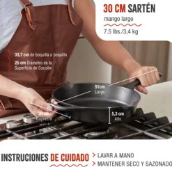 Victoria Sartén Hierro Fundido Curado Inducción 30cm, Apta Fuego, Barbacoa, Horno Cast Iron Skillet, 36706, Negro
