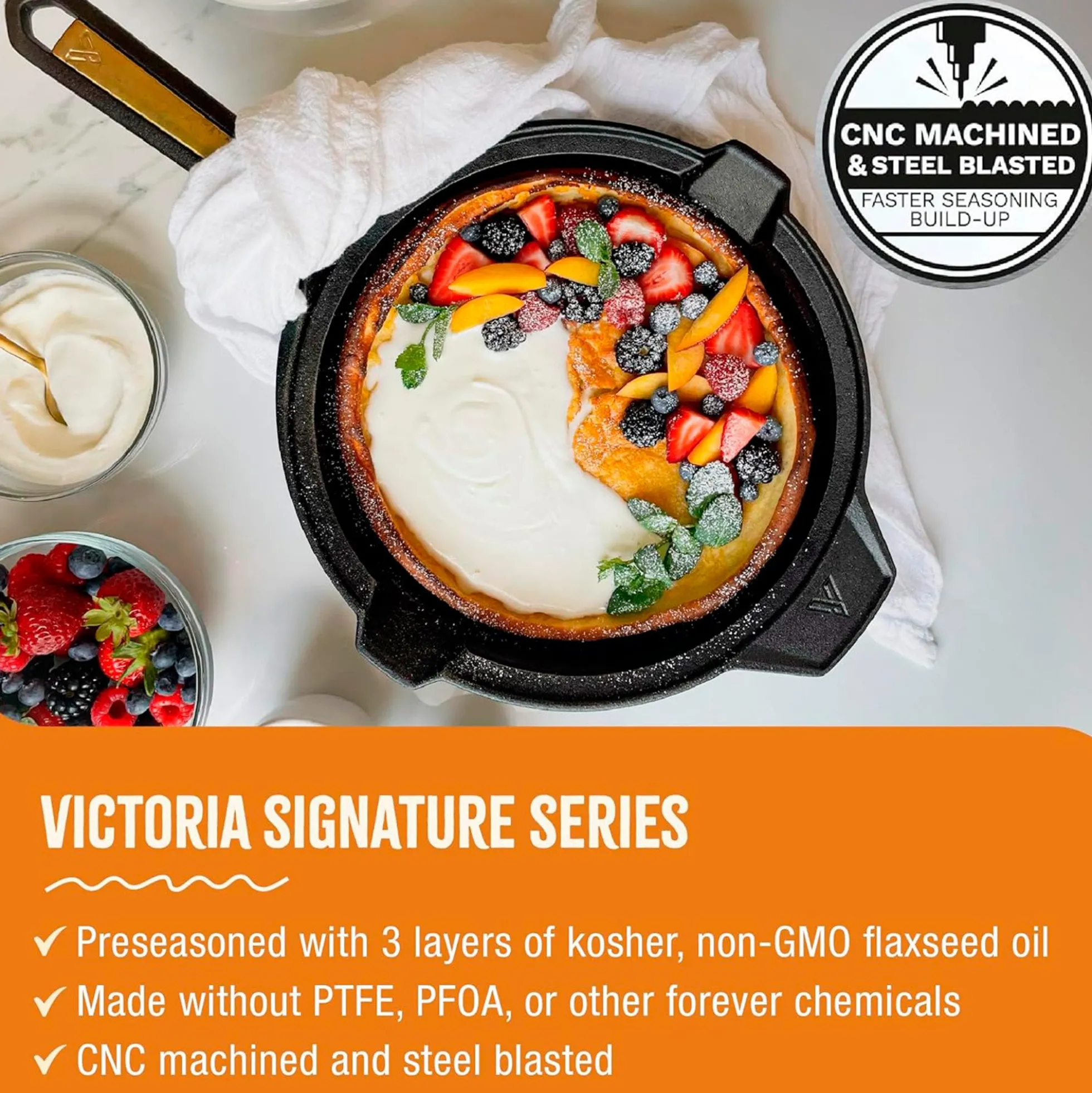 Victoria Sartén Hierro Fundido Curado Signature Gold Inducción 25cm, Apta Fuego, Barbacoa, Horno, Vitrocerámica