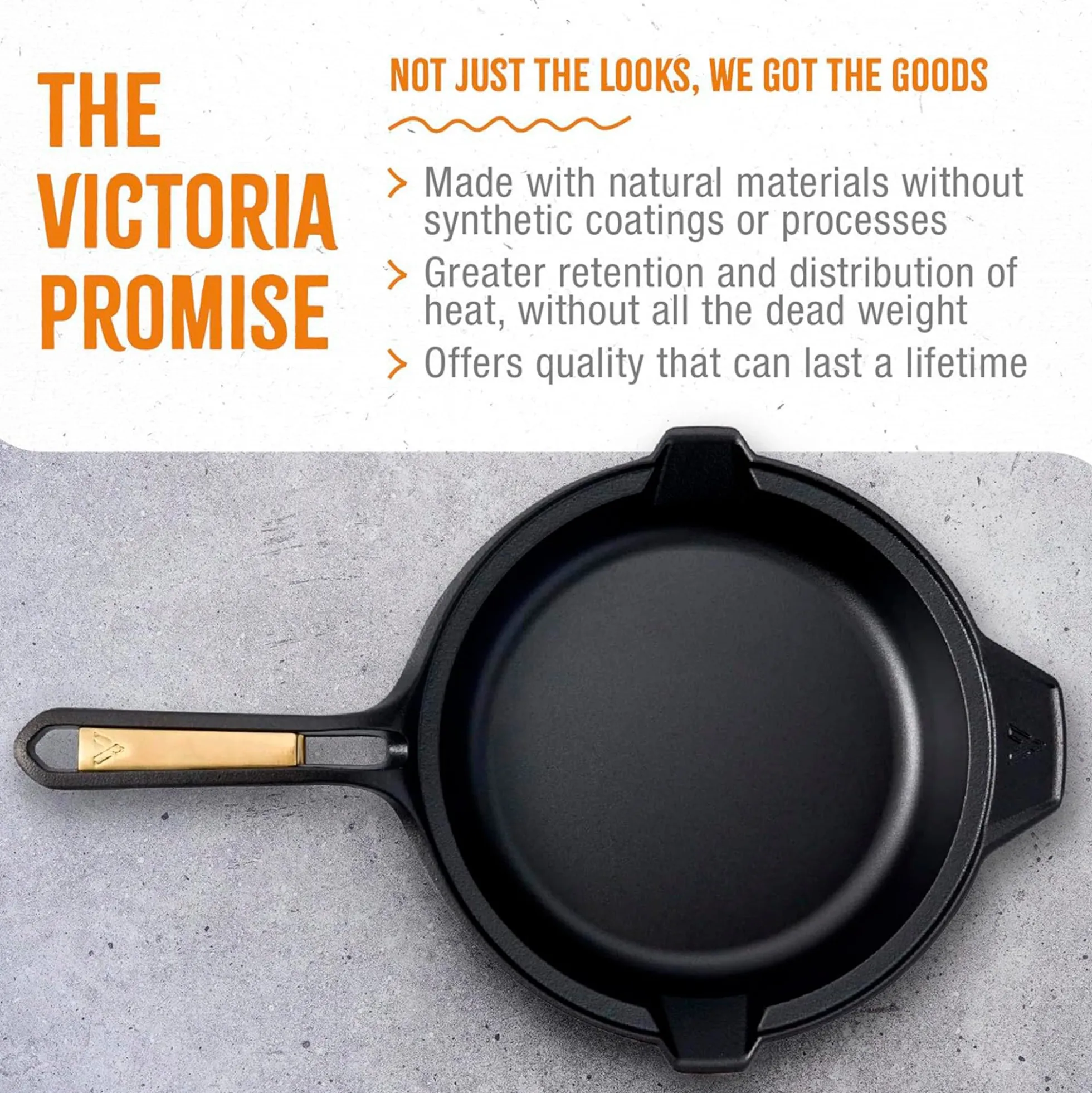 Victoria Sartén Hierro Fundido Curado Signature Gold Inducción 25cm, Apta Fuego, Barbacoa, Horno, Vitrocerámica
