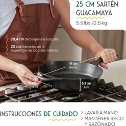 Victoria Sartén Hierro Fundido Curado Amazonía Guacamaya Inducción 25cm, Apta Para Todas las Cocinas
