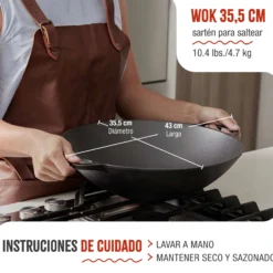 Victoria Wok Hierro Fundido Curado Inducción 35,5cm, Apta Fuego, Barbacoa, Horno Cast Iron Skillet, 37291, Negro