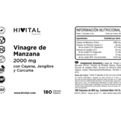Vinagre de manzana 2000 mg 180 cápsulas veganas Hivital