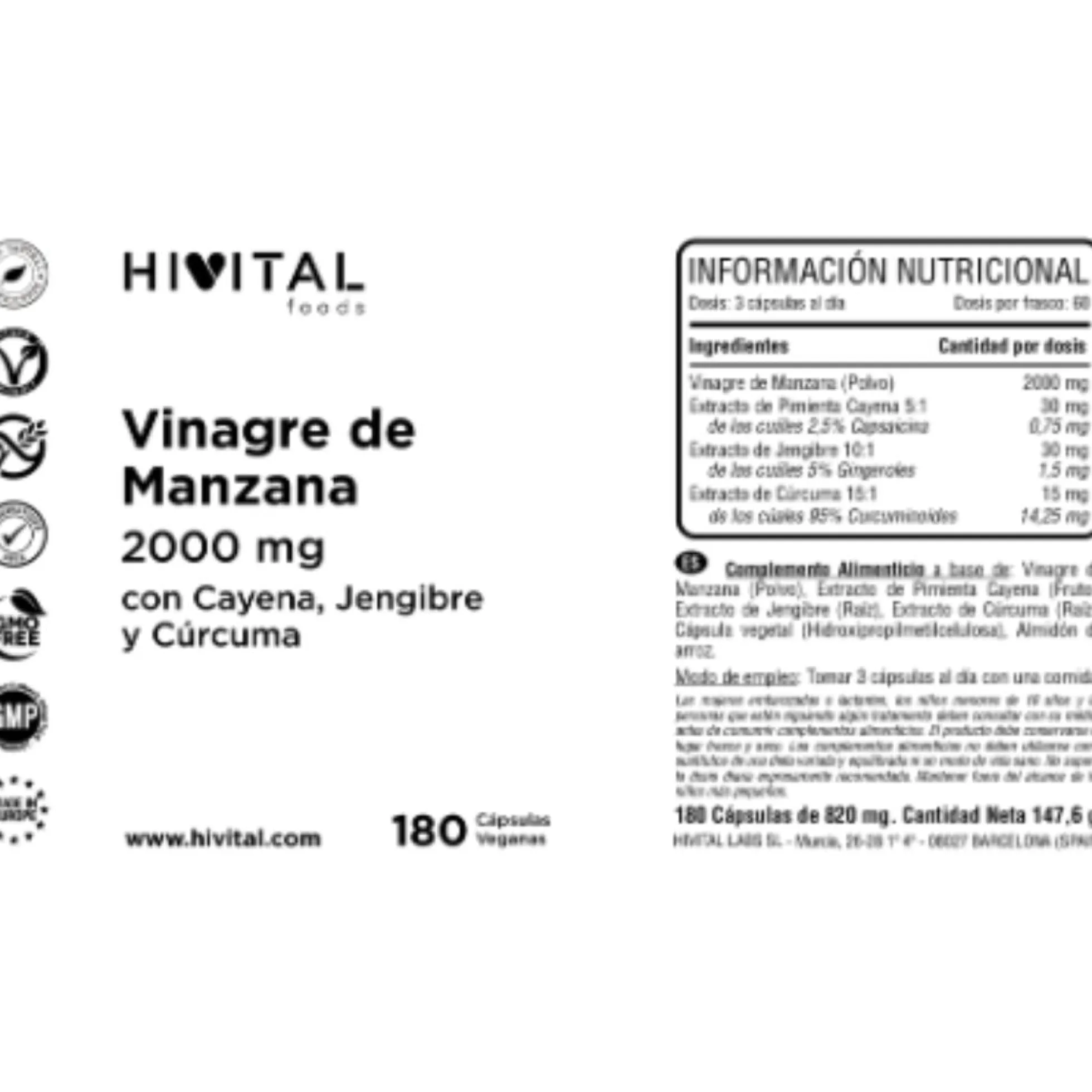 Vinagre de manzana 2000 mg 180 cápsulas veganas Hivital