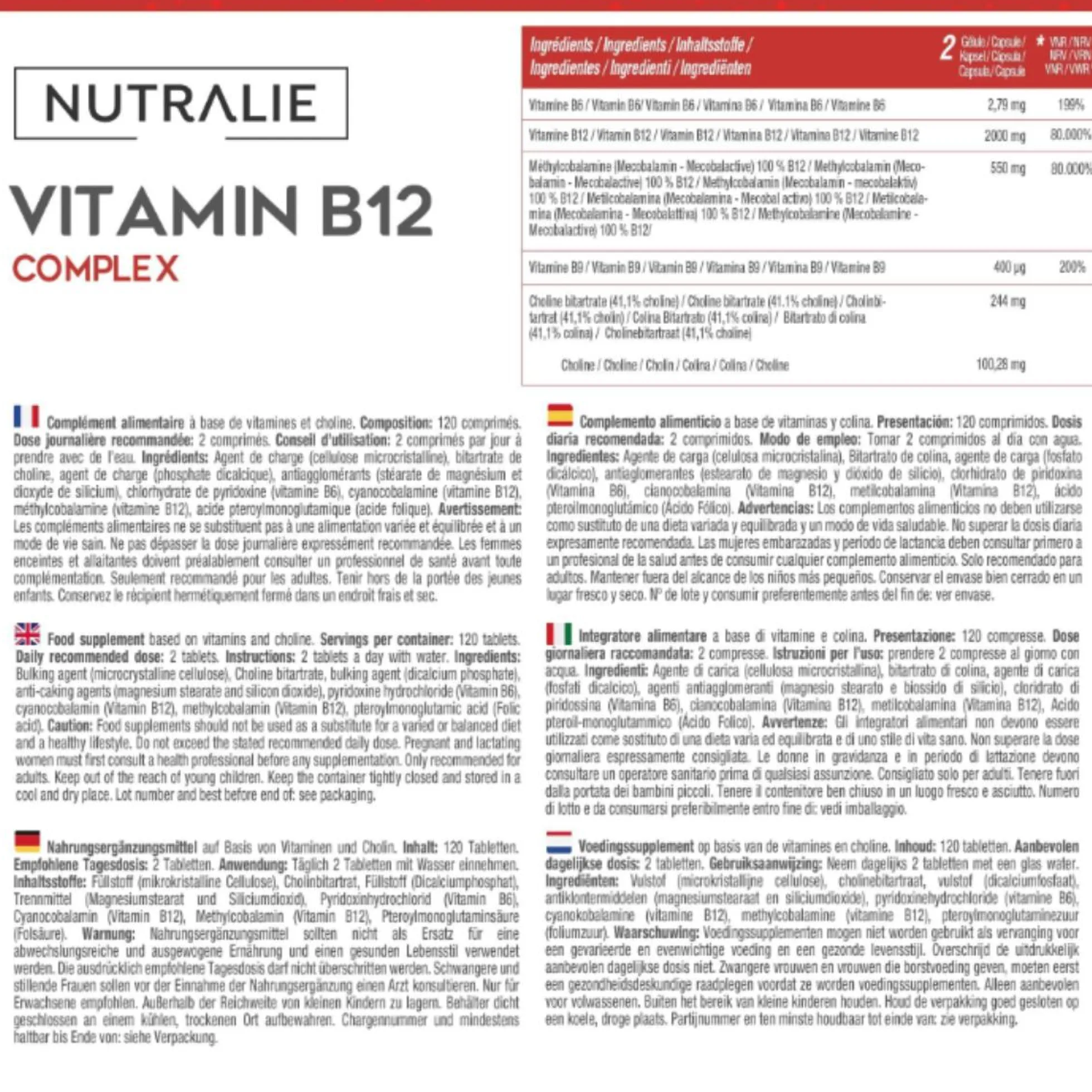 Vitamina B12 Complex 2000 mcg Cansancio Nutralie 120 comprimidos