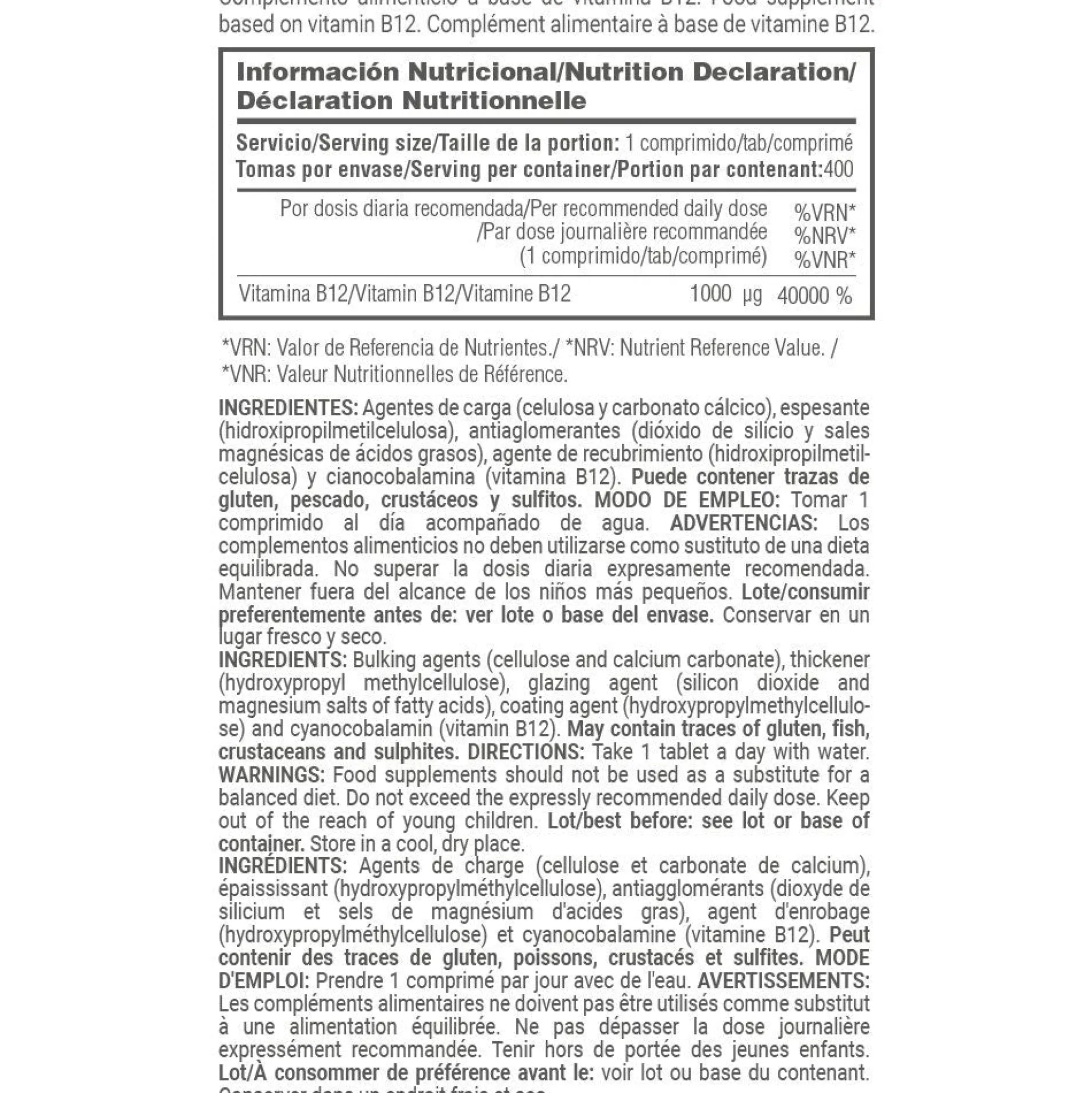 Vitamina B12 1000μg - 400 Comprimidos - Suplemento B12 - Masmusculo