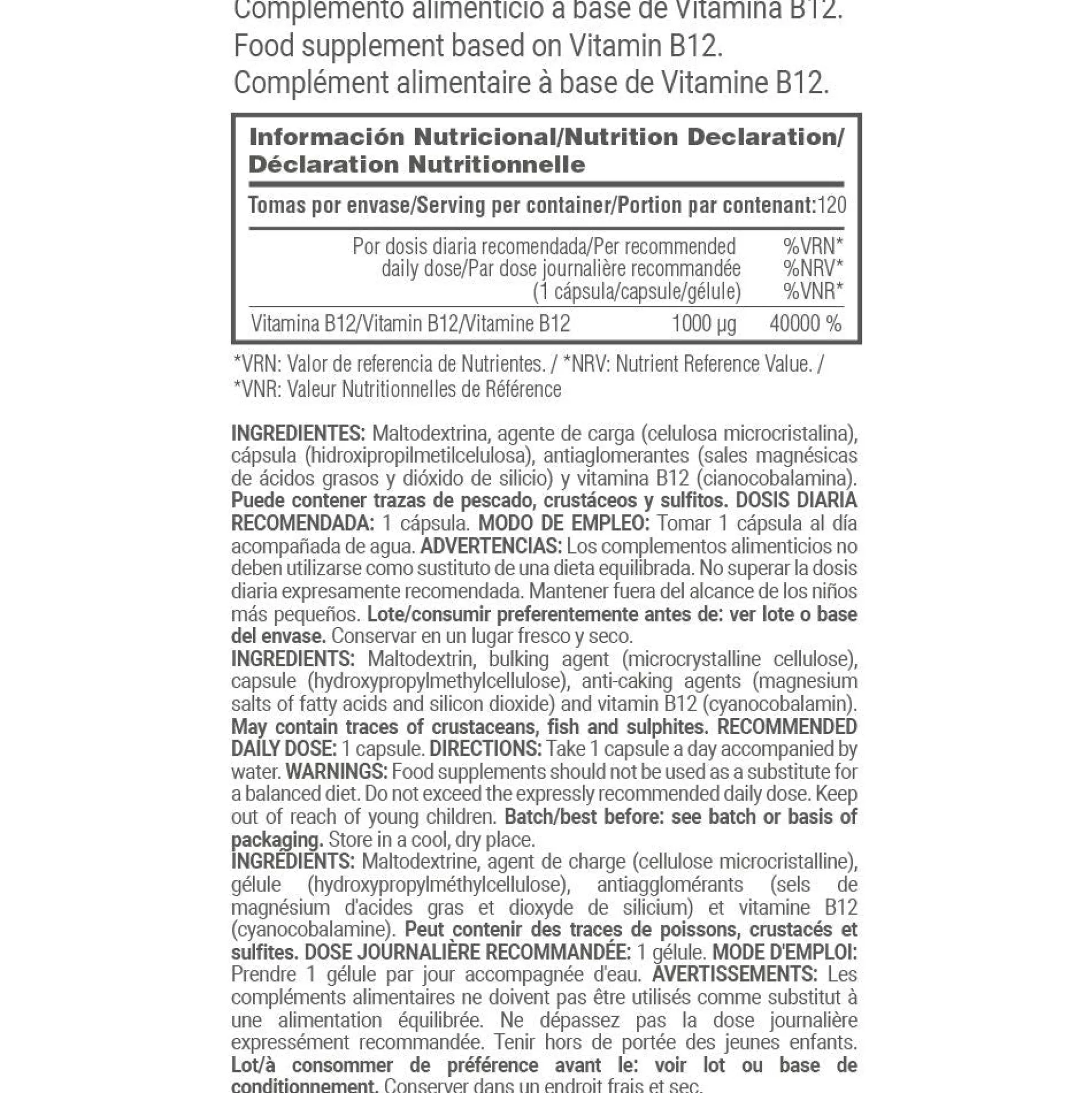 Vitamina B12 1000μg - 120 Cápsulas Vegetales - Reduce La Fatiga - Masmusculo