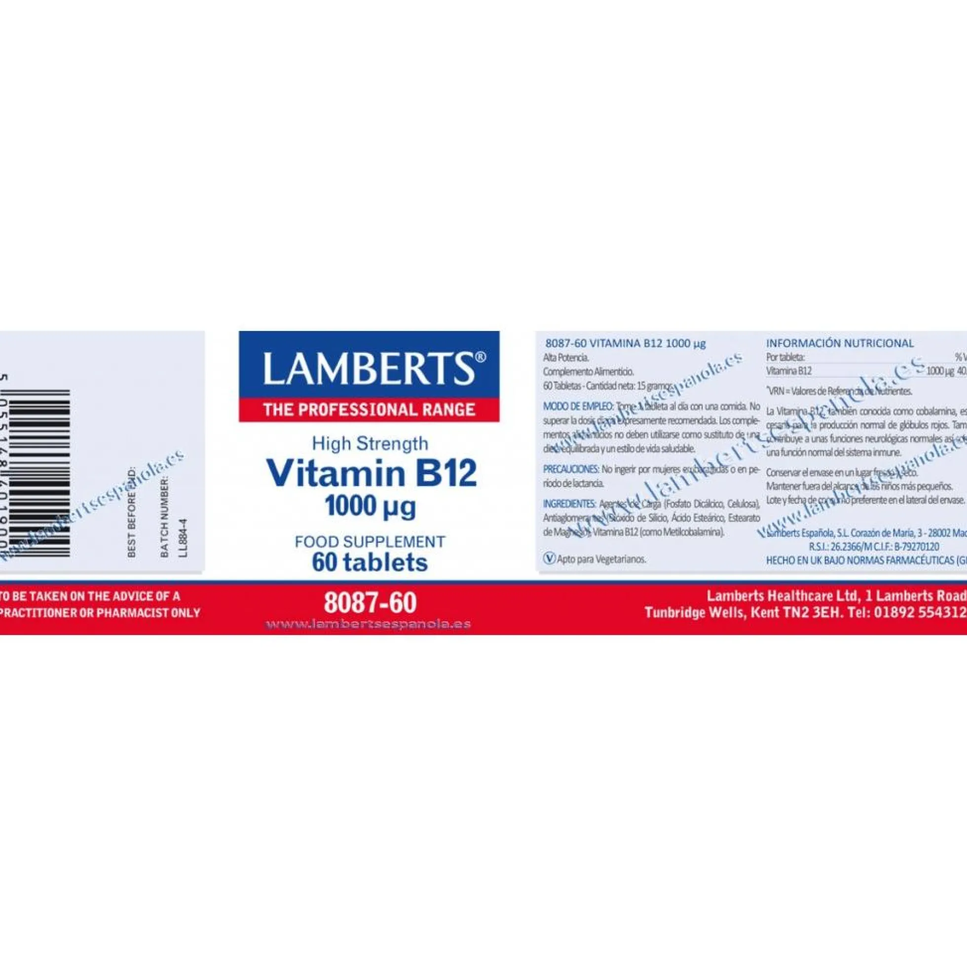 Vitamina B1260 tabletas de 1000mg, Lamberts