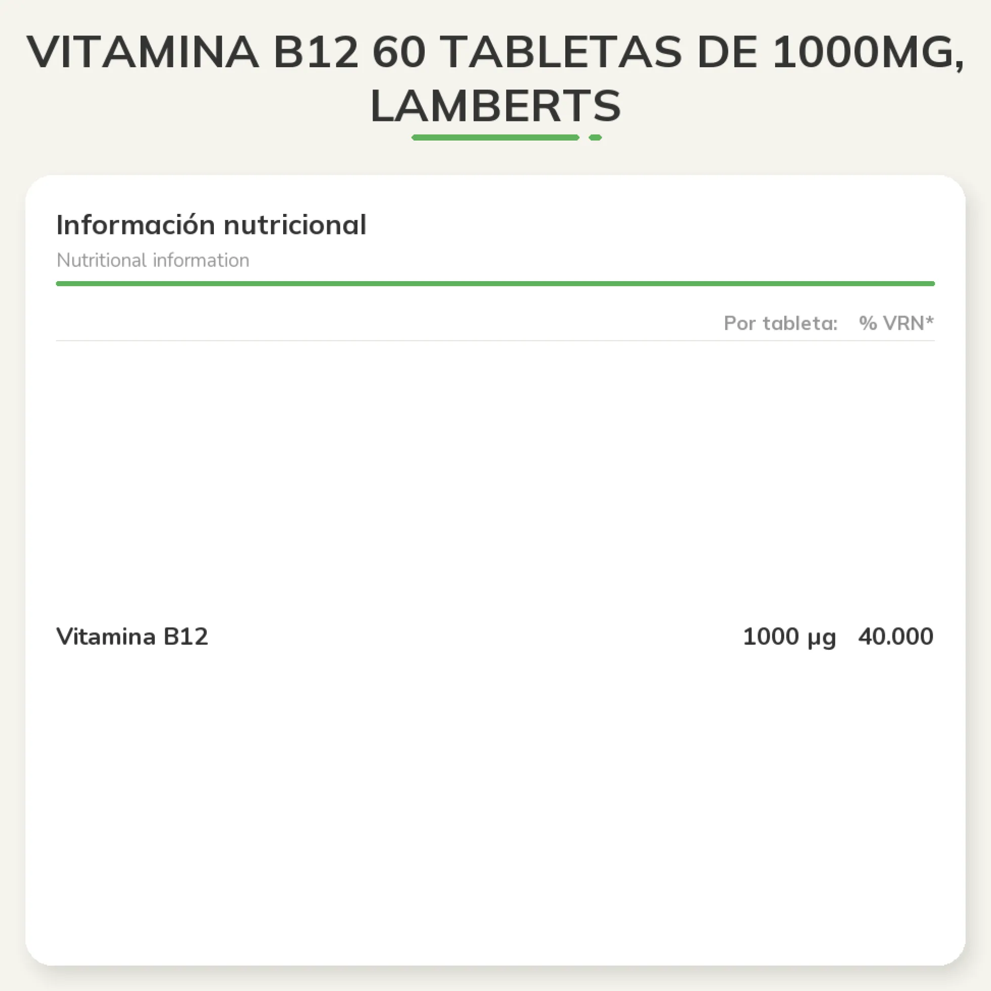Vitamina B1260 tabletas de 1000mg, Lamberts