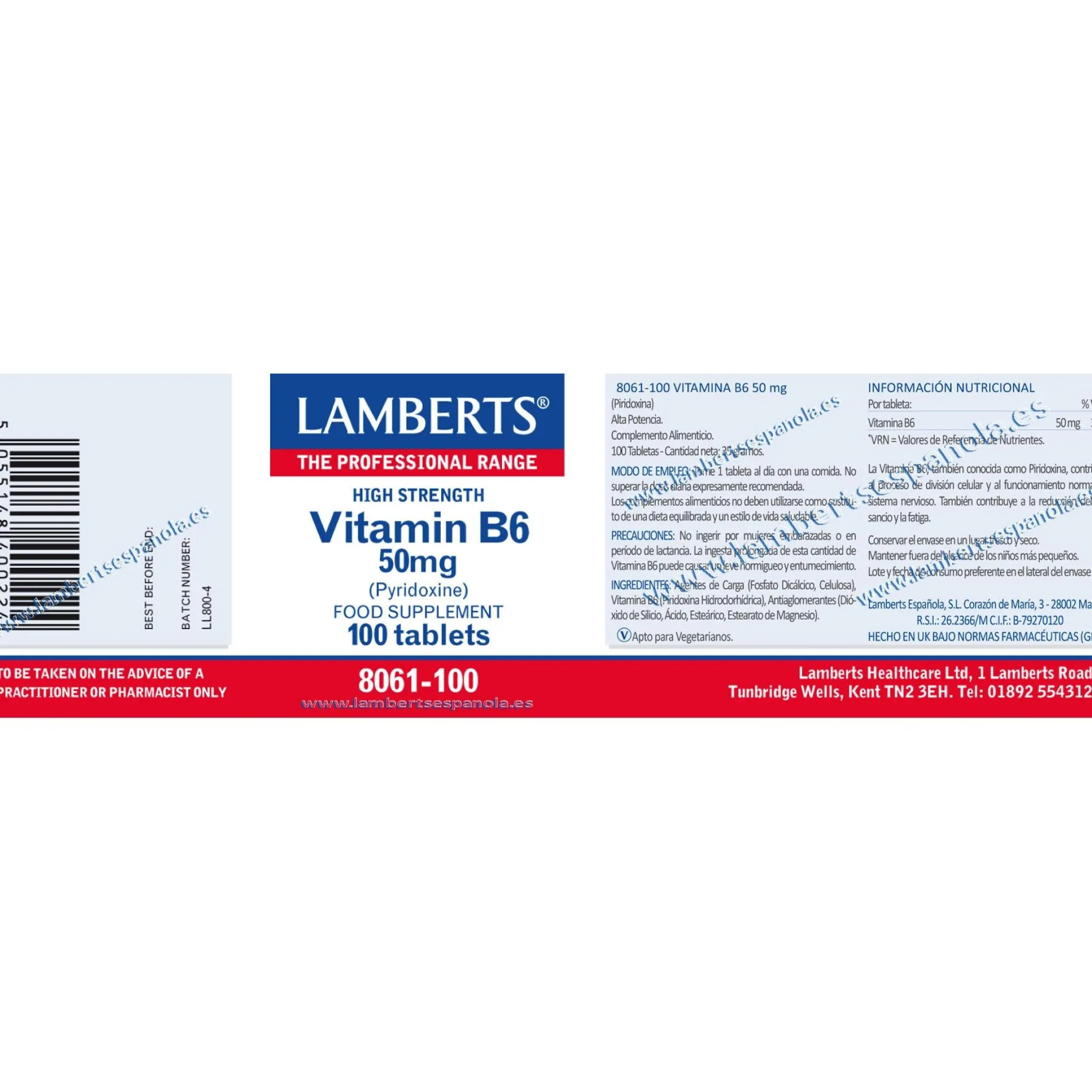 Vitamina B6 100 tabletas de 50mg, Lamberts